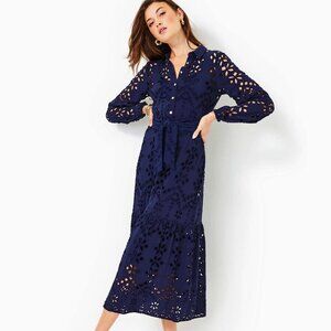 Lilly Pulitzer NWT Navy Zia Eyelet Long Sleeve Belted Midi Dress Size 2